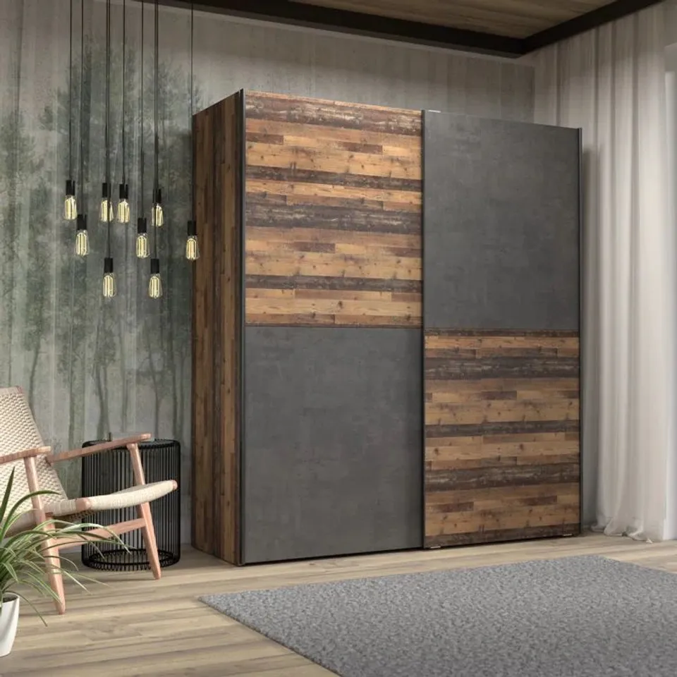 BOXED DOUBLE SLIDING DOOR WARDROBE WITH OAK AND CONCRETE FINISH, 170,3 CM (2 BOXES)