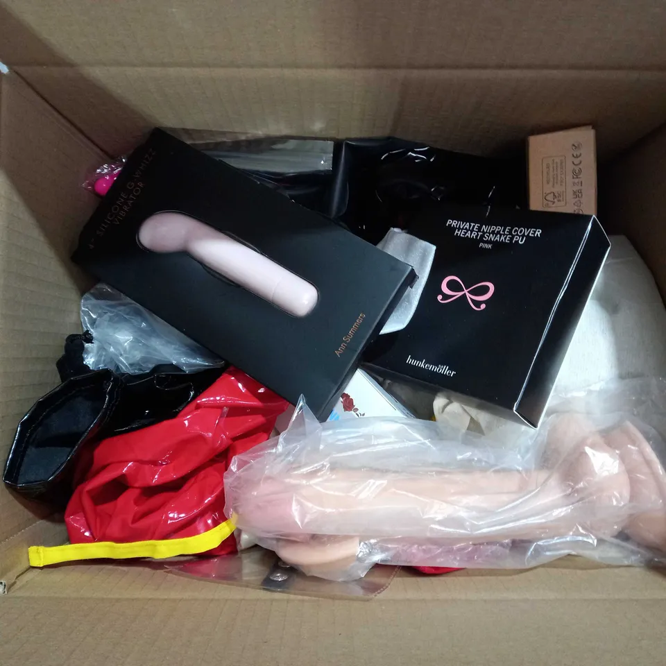 APPROXIMATELY 15 ASSORTED ADULT ITEMS TO INCLUDE VIBRATING ANAL BEADS, LOVEHONEY STRAP ON, UNBOXED ROMP VIBRATOR, ETC