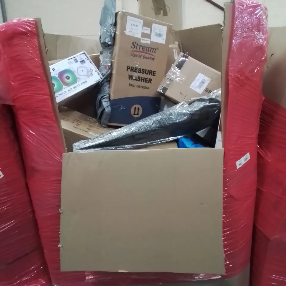 MIXED PALLET CONTAINING VARIOUS BOXED HOUSEHOLD ITEMS TO INCLUDE, CAMPING CHAIR, PRESSURE WASHER, COFFEE MACHINE, ALL IN ONE CPU LIQUID COOLER ETC.