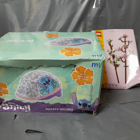 BOX OF APPROXIMATELY 5 ASSORTED ITEMS TO INCLUDE - LEGO CHERRY BLOSSOMS , STITCH SAFETY HELMET ETC