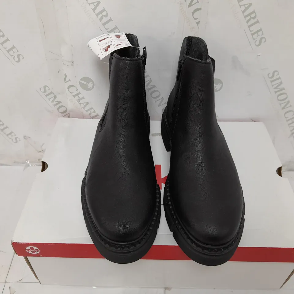 BOXED PAIR OF RIEKER CHUNKY ANKLE BOOTS IN BLACK - SIZE 6