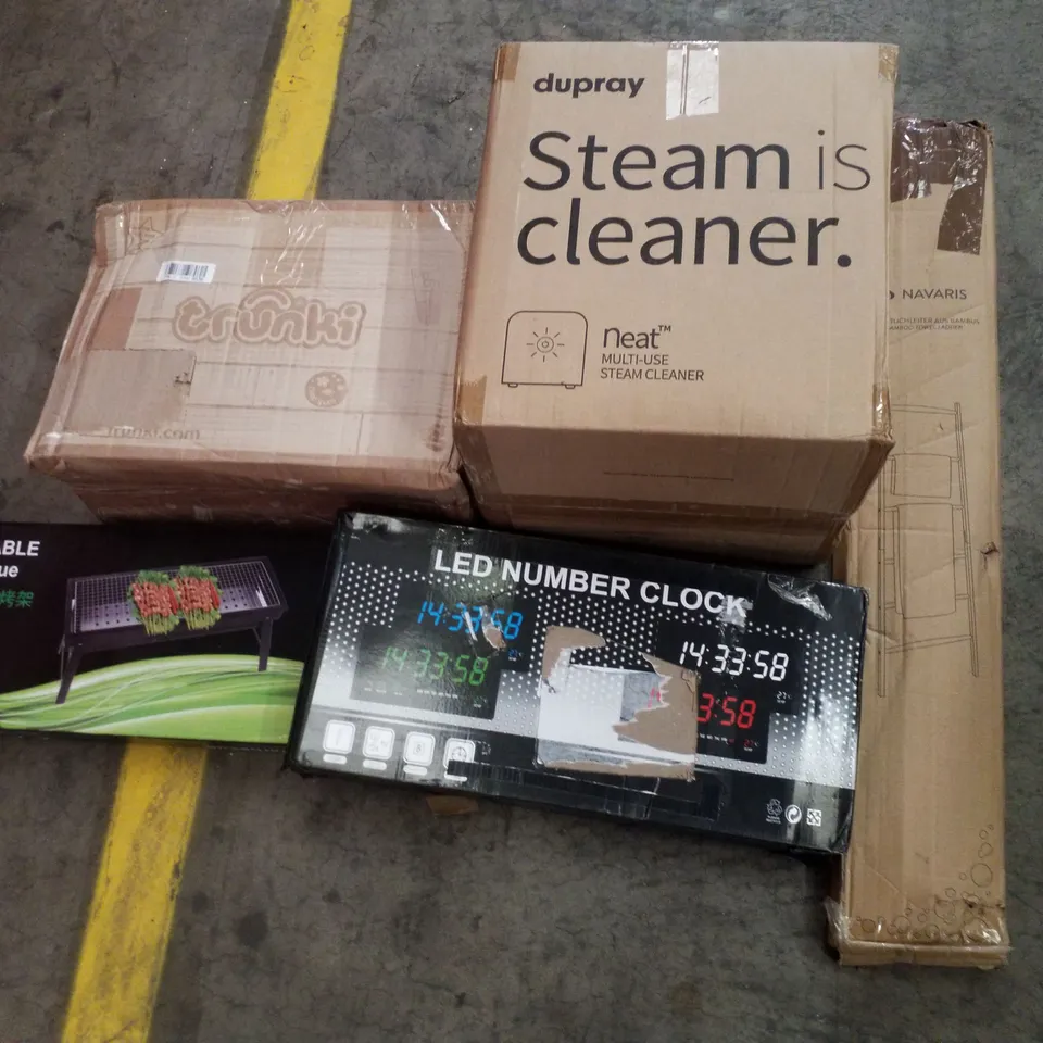 PALLET CONTAINING ASSORTED PRODUCTS INCLUDING TRUNKI KIDS SUITCASE, MULTI-USE STEAM CLEANER, BAMBOO TOWEL LADDER, LED NUMBER CLOCK & PORTABLE BARBECUE 