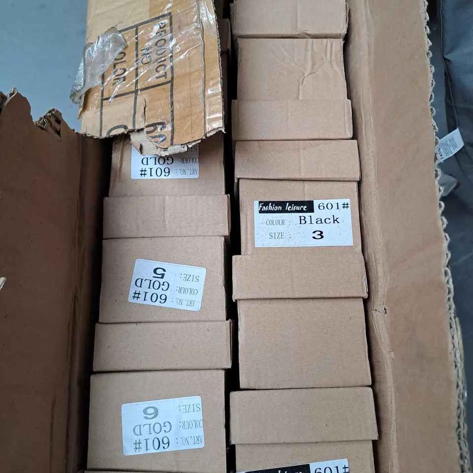 BOX OF APPROXIMATELY 20 PAIRS OF SLIP ON SHOES IN BLACK AND GOLD - VARIOUS SIZES