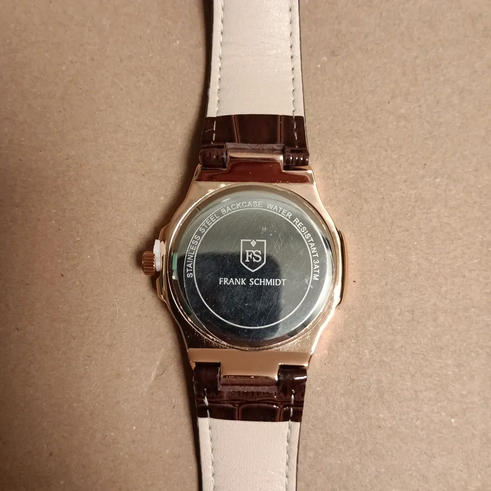 BOXED FRANK SCHMIDT WRISTWATCH WITH GREEN DIAL, ROSE-GOLD CASE, AND BROWN CROCODILE-EMBOSSED LEATHER STRAP