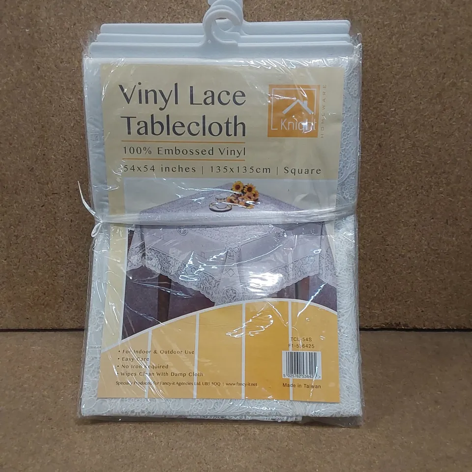 BOX TO CONTAIN APPROXIMATELY 60 X KNIGHT VIYNL LACE TABLECLOTHS // SIZE: 135 X 135cm