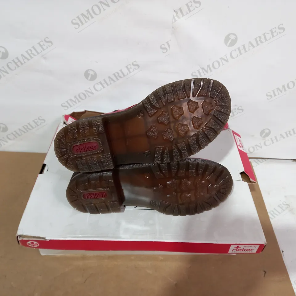 BOXED PAIR OF RIEKER RED BOOTS- SIZE 36