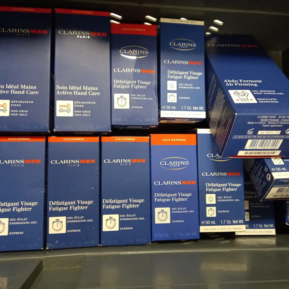 LOT OF APPROX 20 CLARINS PARIS MENS PRODUCTS INCLUDING AB FIRMING GEL, FATIGUE FIGHTER GEL, ACTIVE HAND CARE