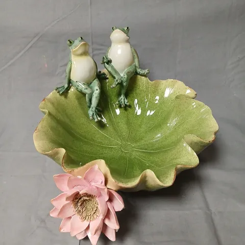 CERAMIC FROG ON LILY LEAF BIRD WATER FEEDER WITH PINK LOTUS – DECORATIVE GARDEN ORNAMENT