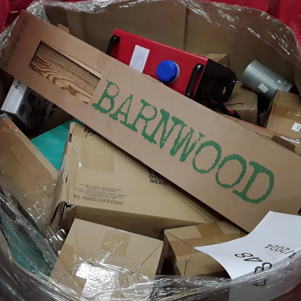 PALLET OF ASSORTED PRODUCTS INCLUDING OFFICE CHAIR, BARNWOOD PLANK, BABY PLAY ARCH, FABRIC WARDROBE  