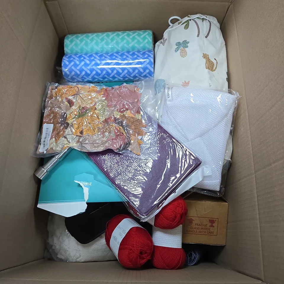 BOX OF APPROXIMATELY 20 ASSORTED HOUSEHOLD ITEMS TO INCLUDE KNITTING YARN, WHITE BATH TOWEL AND HEAT TRANSFER VINYL