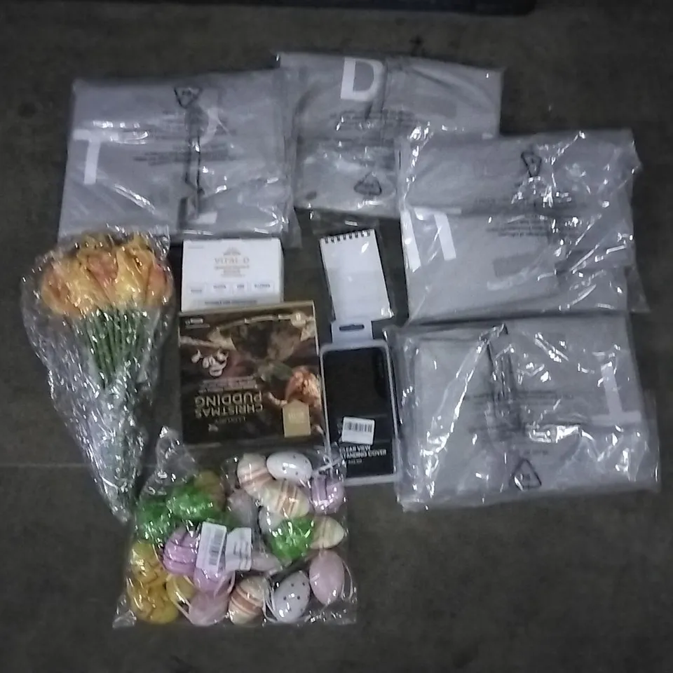 PALLET OF ASSORTED ITEMS INCLUDING LUXURY CHRISTMAS PUDDING, SOL BRAZILIAN BUM BUM CREAM, 36 PCS CRAYON SET, PRO-VITA VITAL-D FOOD SUPPLEMENT, 24 COLOURFUL HANGING EASTER EGGS, EONO LAUNDRY BASKET 