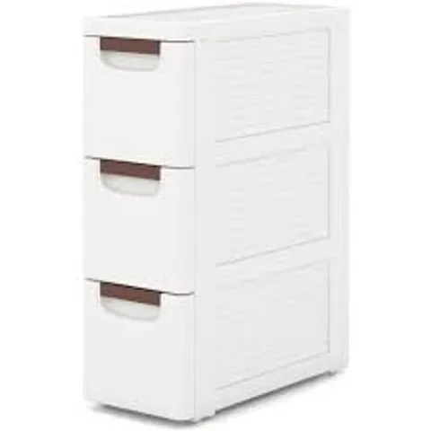 BOXED COSTWAY 3-DRAWER ROLLING ORGANIZER UNIT NARROW STORAGE CABINET WITH BUILT-IN WHEELS FOR SMALL SPACE - WHITE