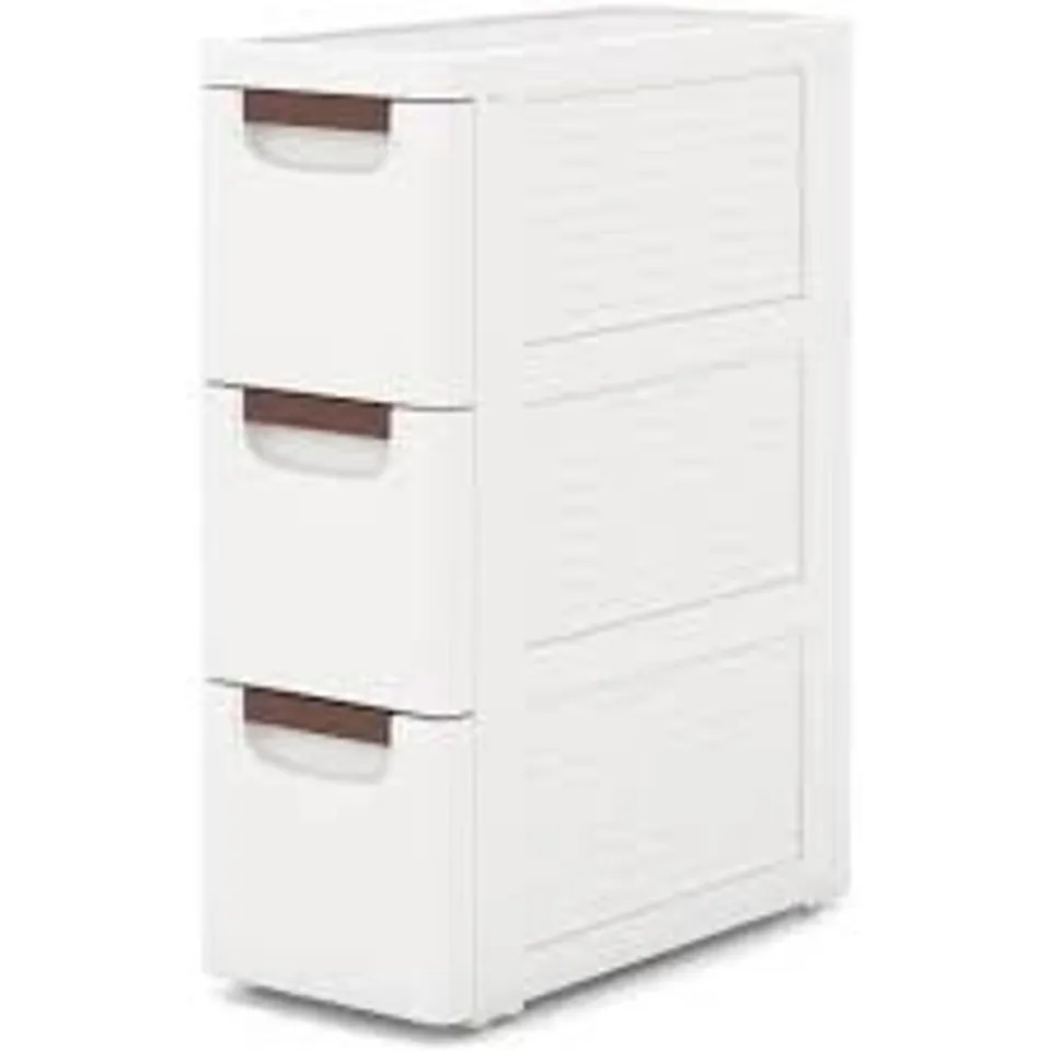 BOXED COSTWAY 3-DRAWER ROLLING ORGANIZER UNIT NARROW STORAGE CABINET WITH BUILT-IN WHEELS FOR SMALL SPACE - WHITE