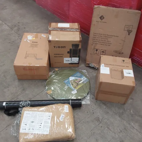 PALLET OF ASSORTED ITEMS INCLUDING: ESPRESSO MACHINE, FOOD WASTE COMPOSTER, OUTDOOR CART, JUNIOR BASKETBALL SYSTEM, SHADE SAIL, POP UP TENT, PLAYING CARDS MAT ECT