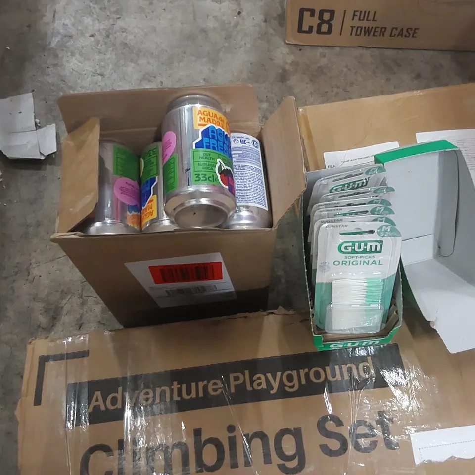 PALLET OF ASSORTED ITEMS TO INCLUDE: CLIMBING SET, PC CASE, CLOTHES AIRER, NATURAL SODA CANS, TOOTH PICKS ECT