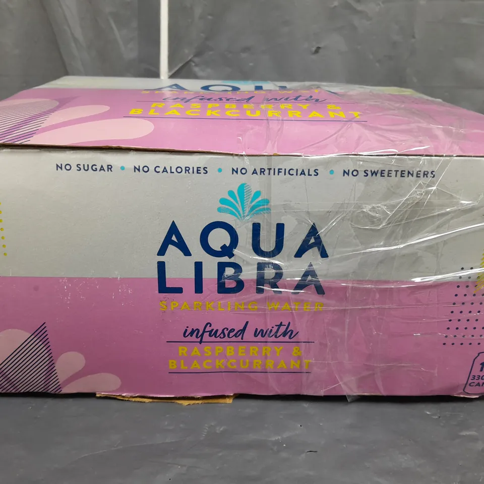 SET OF 12 330ML CANS OF AQUA LIBRA SPARKLING WATER - RASPBERRY & BLACKCURRANT FLAVOUR