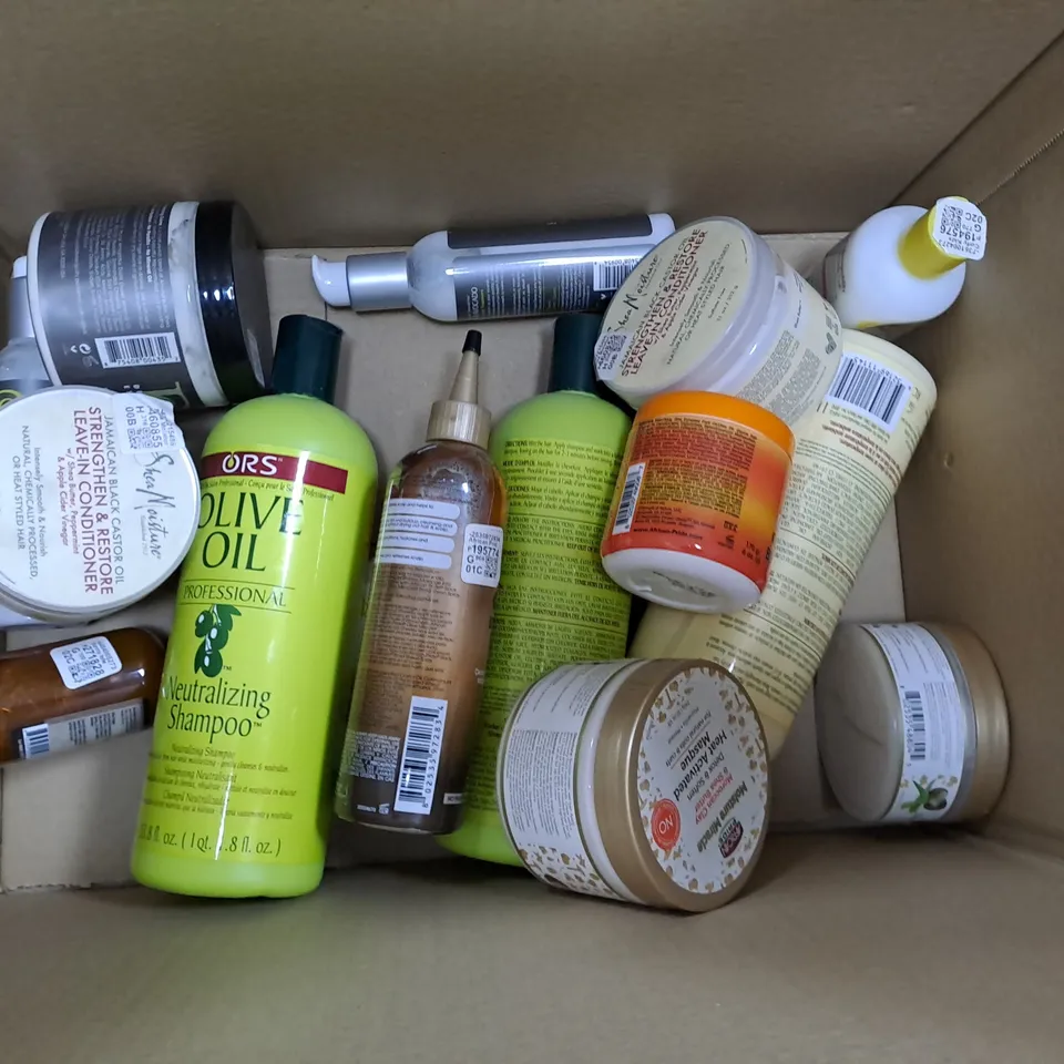 BOX OF APPROXIMATELY 20 HAIR CARE PRODUCTS TO INCLUDE AFRICAN PRIDE, ORS AND MIELLE