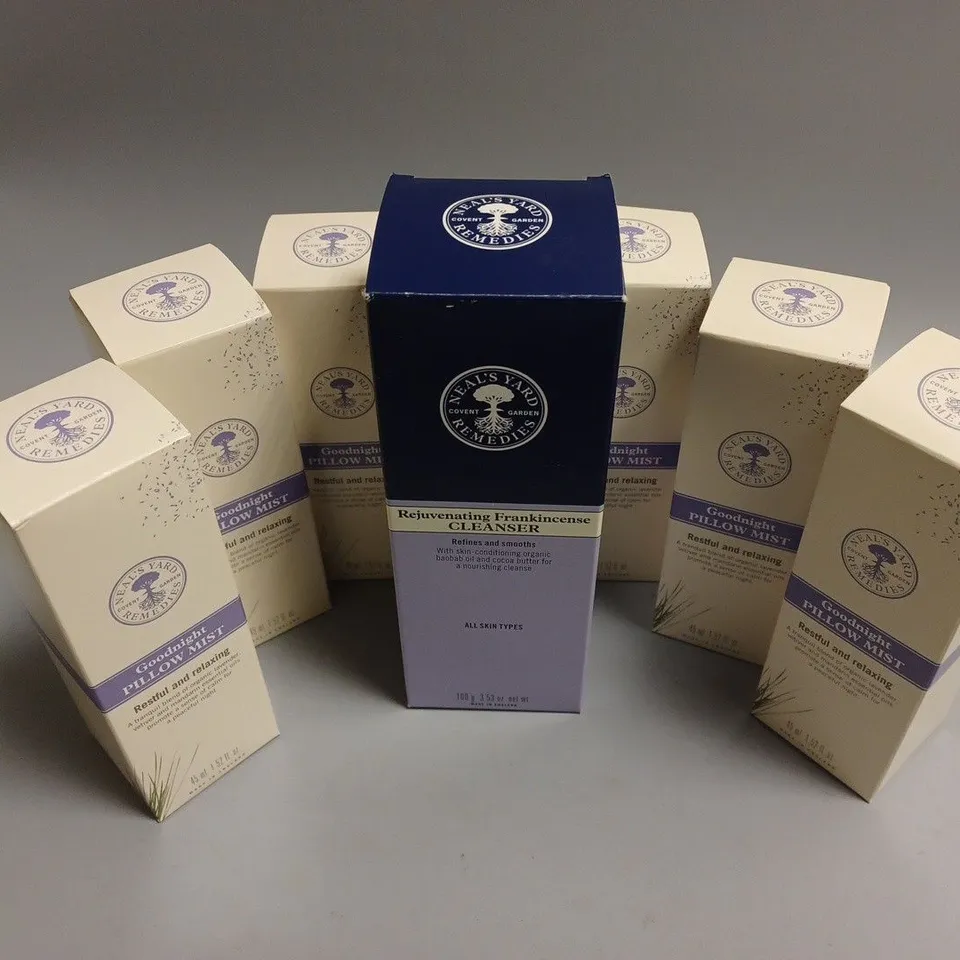 APPROXIMATELY 8 BOXED NEALS YARD REMEDIES PRODUCTS TO INCLUDE GOODNIGHT PILLOW MIST (45ml), REJUVINATING FRANKINCENSE CLEANSER (100g), ETC