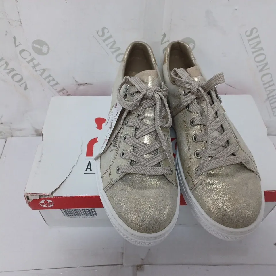 BOXED PAIR OF RIEKER GOLD SHIMMER TRAINERS - SIZE 8