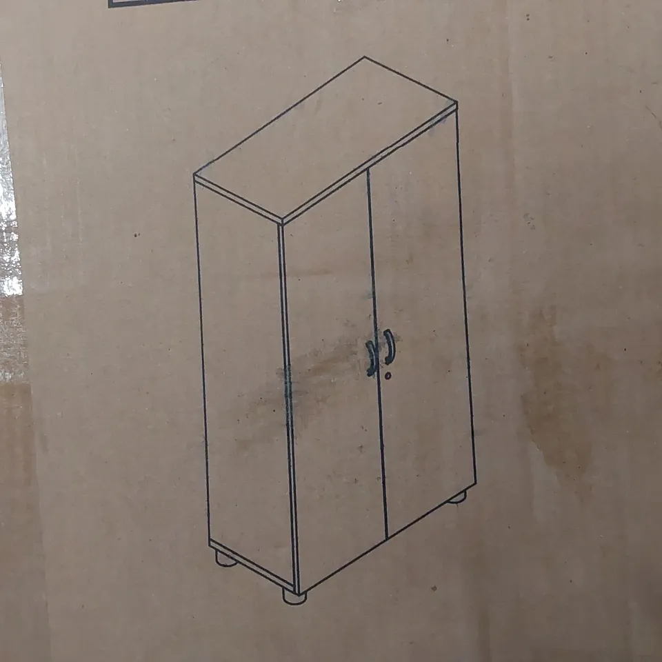 BOXED 2 DOOR, 3 SHELF STORAGE CABINET IN OAK (1 BOX)