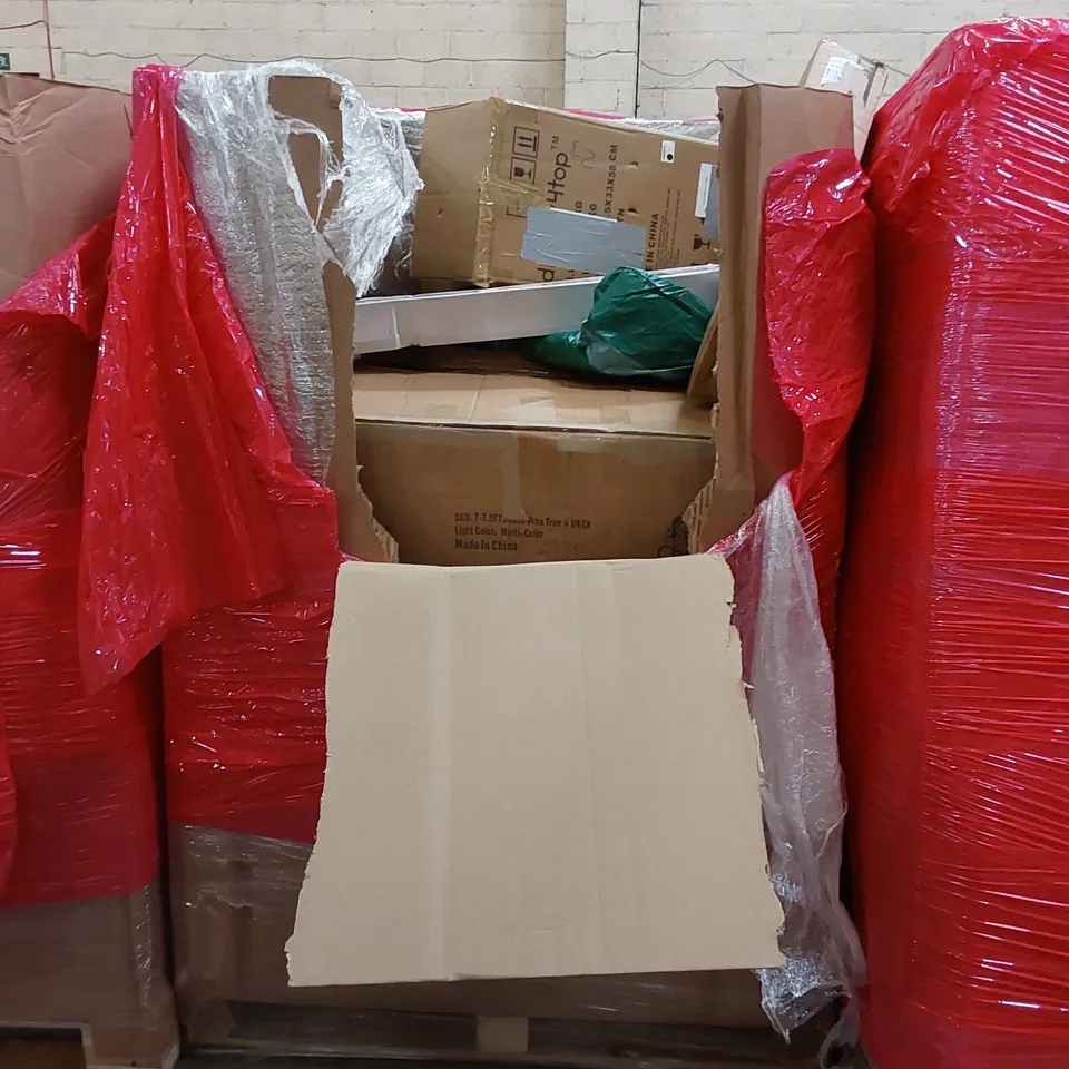 PALLET OF ASSORTED HOUSEHOLD ITEMS AND CONSUMER PRODUCTS. INCLUDES; AIR PURIFIER, BABY TRAY, SAFETY HANDLE, CHRISTMAS TREE, BOXED FURNITURE ETC 