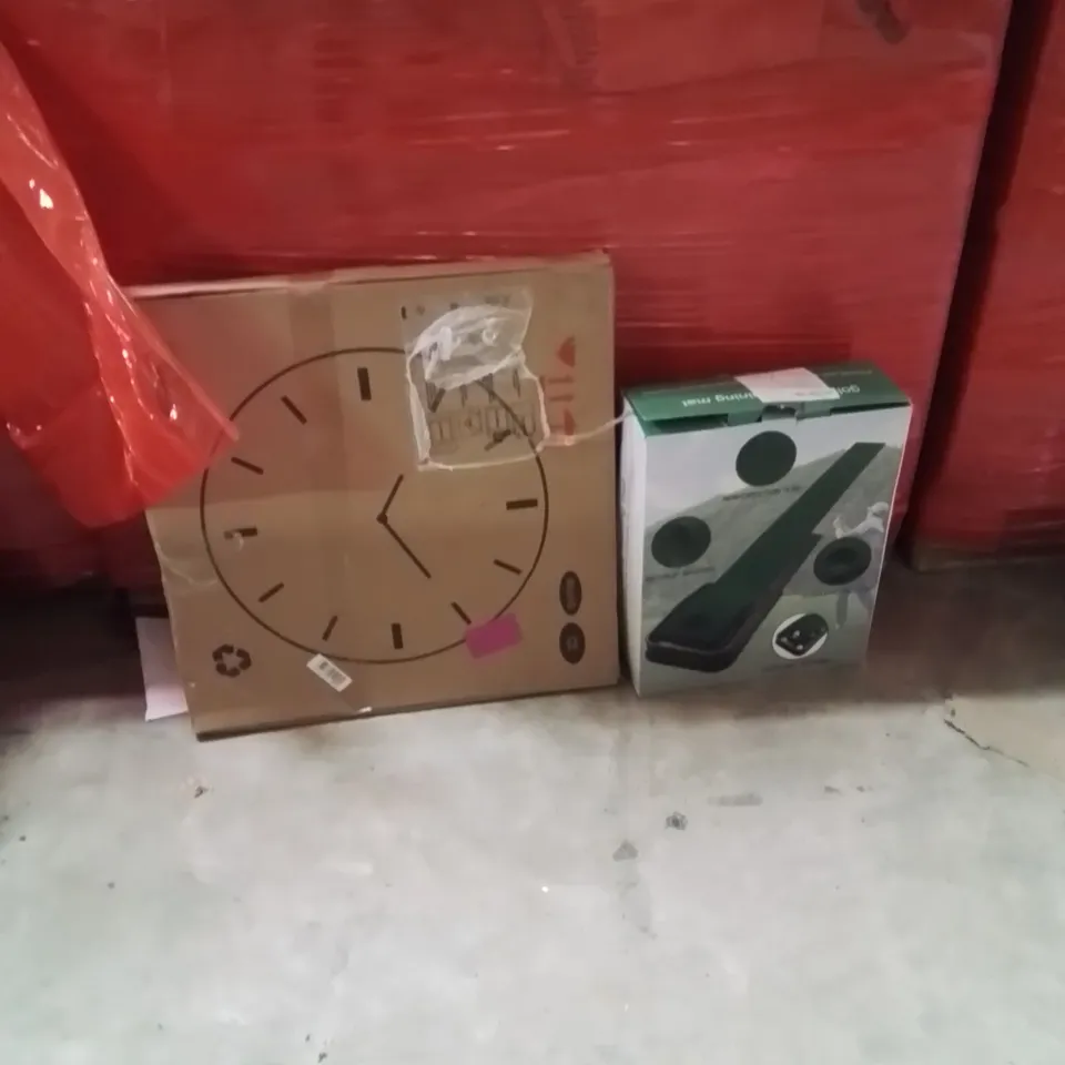 PALLET OF ASSORTED HOUSEHOLD GOODS AND PRODUCTS TO INCLUDE;GOLF TRAINING GAME,WALL CLOCK 