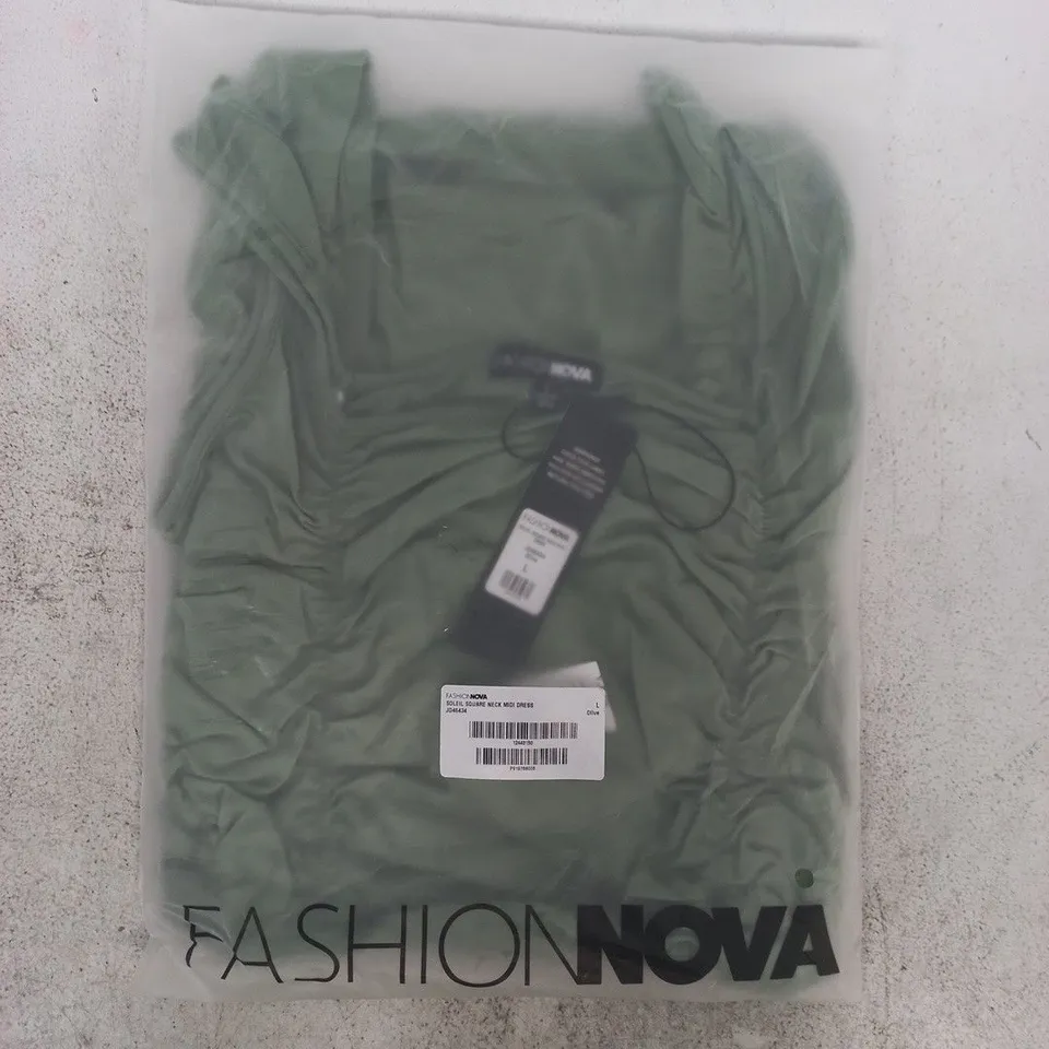 BAGGED FASHION NOVA SOLEIL SQUARE NECK MIDI DRESS IN OLIVE SIZE LARGE
