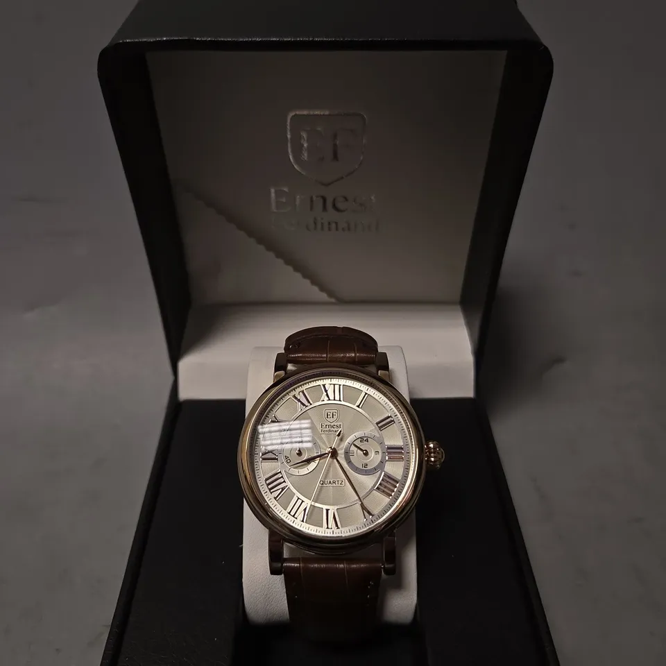 BOXED ERNEST FERDINAND QUARTZ WHITE DIAL MENS WATCH