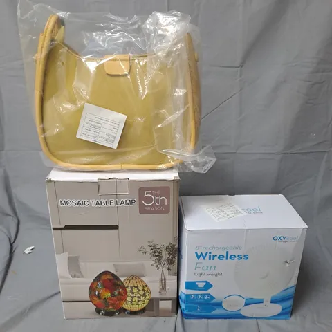 CAGE OF APPROXIMATELY 10 ASSORTED HOUSEHOLD ITEMS TO INCLUDE  - MOSAIC TABLE LAMP - HANDBAG AND WIRELESS FAN - COLLECTION ONLY