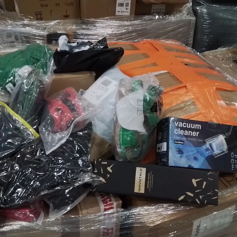 PALLET CONTAINING VARIOUS ASSORTED ITEMS TO INCLUDE THERMAL BRUSH, VACUUM CLEANER, NIGHT LIGHT, RECLINER CHAIR, BAGGED CLOTHING ITEMS, NIGHT LIGHTS, MAGNETIC DRILL AND LOTS MORE UNMARKED BOXED ITEMS 