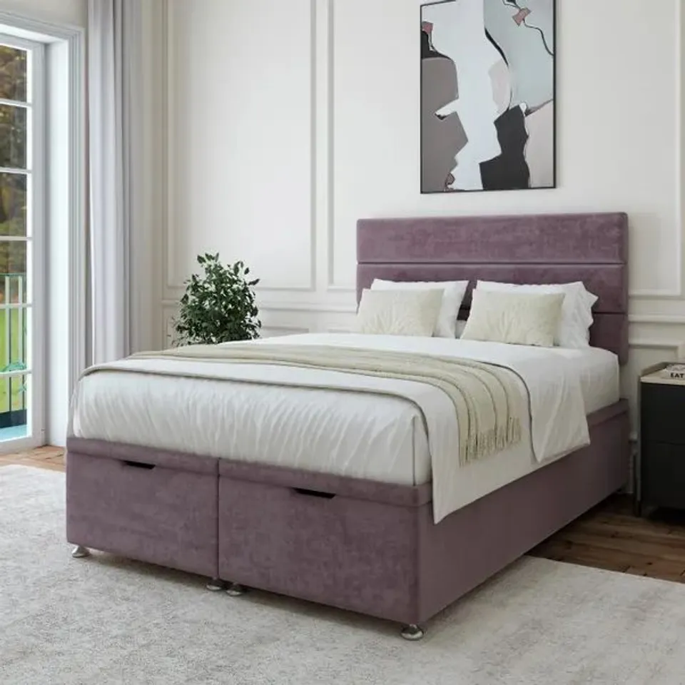 BAGGED PLUSH CHENILLE END OF BED OTTOMAN BASE WITH HEADBOARD - 4'6 DOUBLE, MAUVE (3 ITEMS)