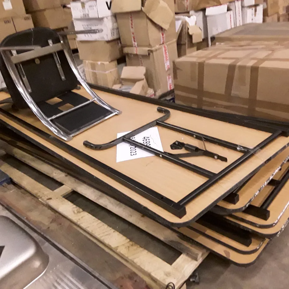 PALLET OF APPROXIMATELY 7 RECTANGULAR HOLDOUT TABLES & CHAIR