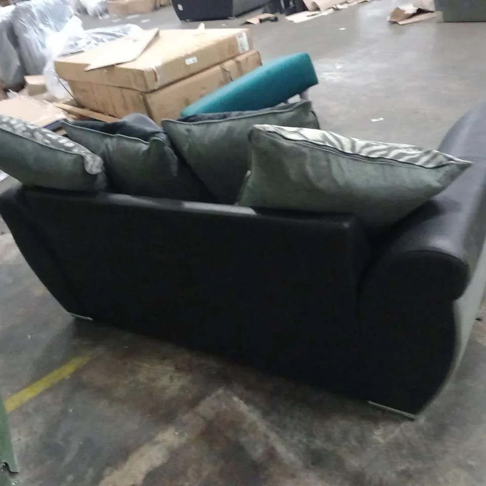 DESIGNER BLACK SUEDE EFFECT AND GREY FABRIC TWO SEATER SOFA WITH SCATTER CUSHIONS