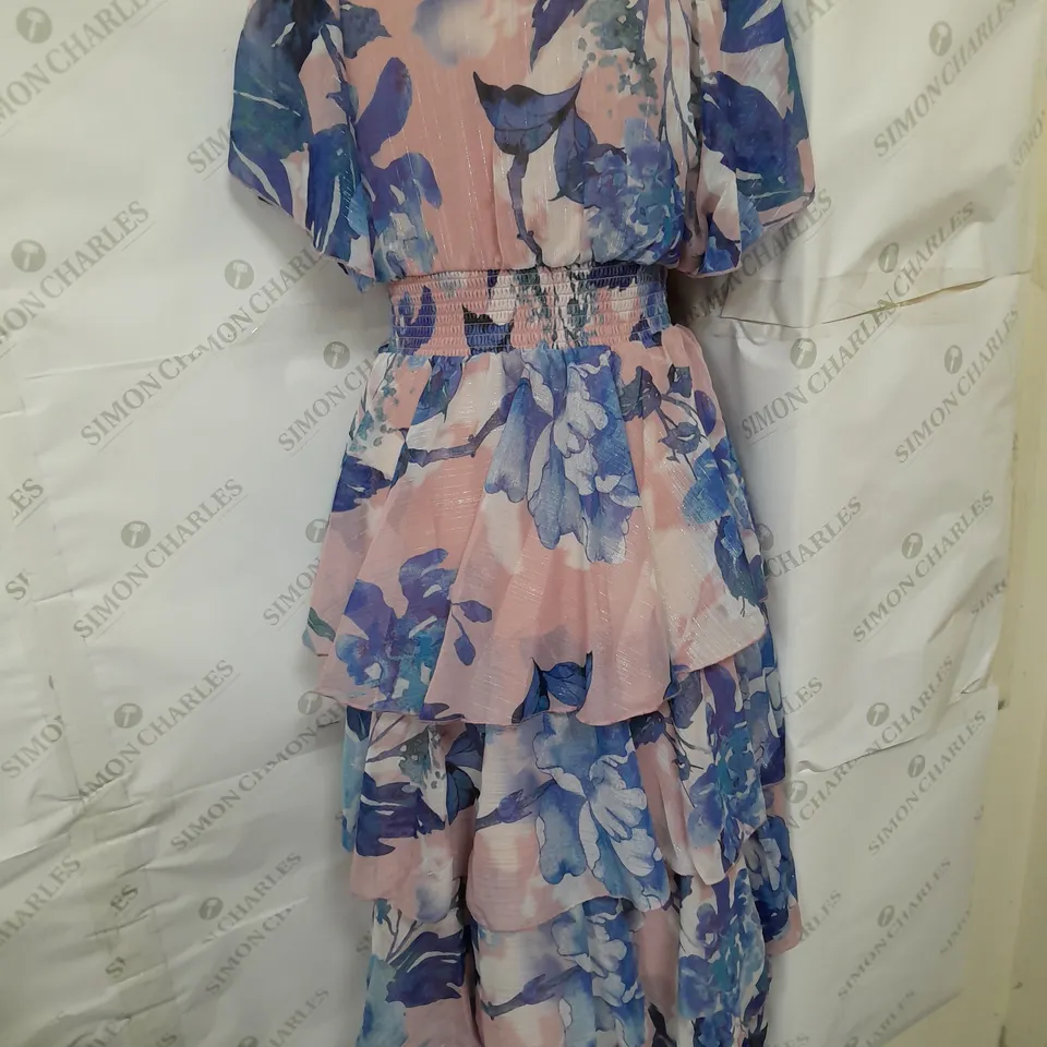 QUIZ TIERED RUFFLE SHORT SLEEVE SHIRRED WAIST DRESS IN PINK AND BLUE FLORAL SIZE 12