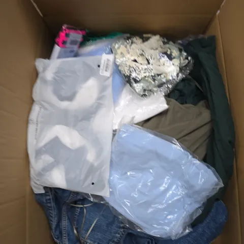 LARGE BOX OF APPROXIMATELY 25 ASSORTED CLOTHING ITEMS IN VARIOUS COLOURS, STYLES AND SIZES - COLLECTION ONLY
