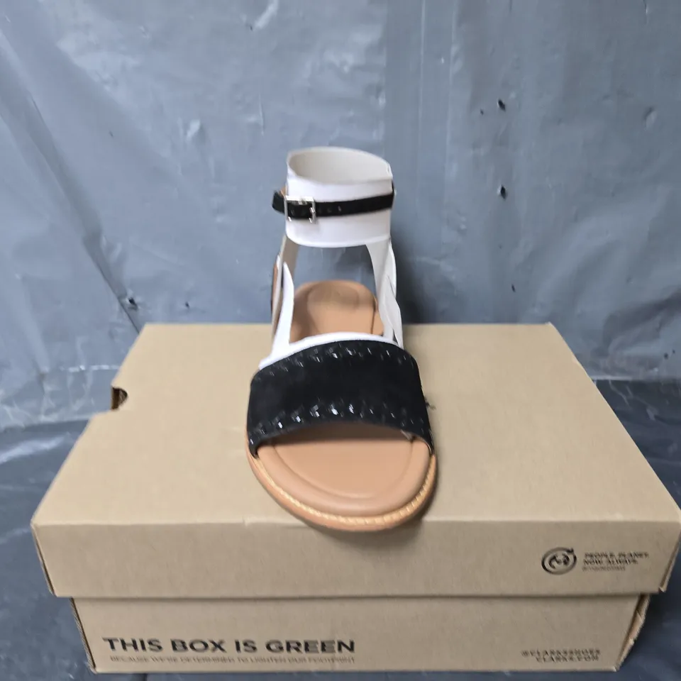 BOXED PAIR OF CLARKS MARITIME MAY SANDALS IN BLACK SUEDE - UK 6.5