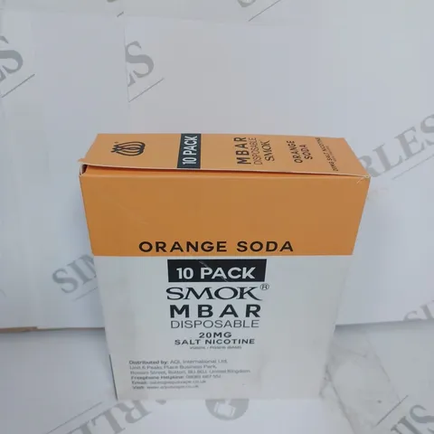 BOX OF APPROXIMATELY 10 BOXES OF ORANGE SODA 10 PACK SMOK M BAR DISPOSABLE 20MG SALT NICOTINE