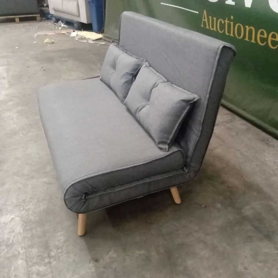 DESIGNER 2 SEATER GREY FABRIC UPHOLSTERED SOFA BED