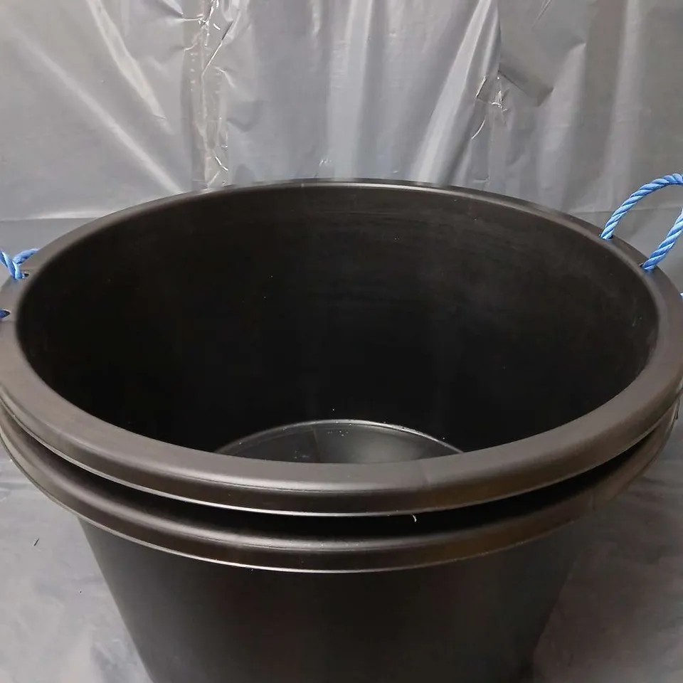 2 LARGE BLACK CONSTRUCTION STORAGE TUBS WITH ROPE HANDLES