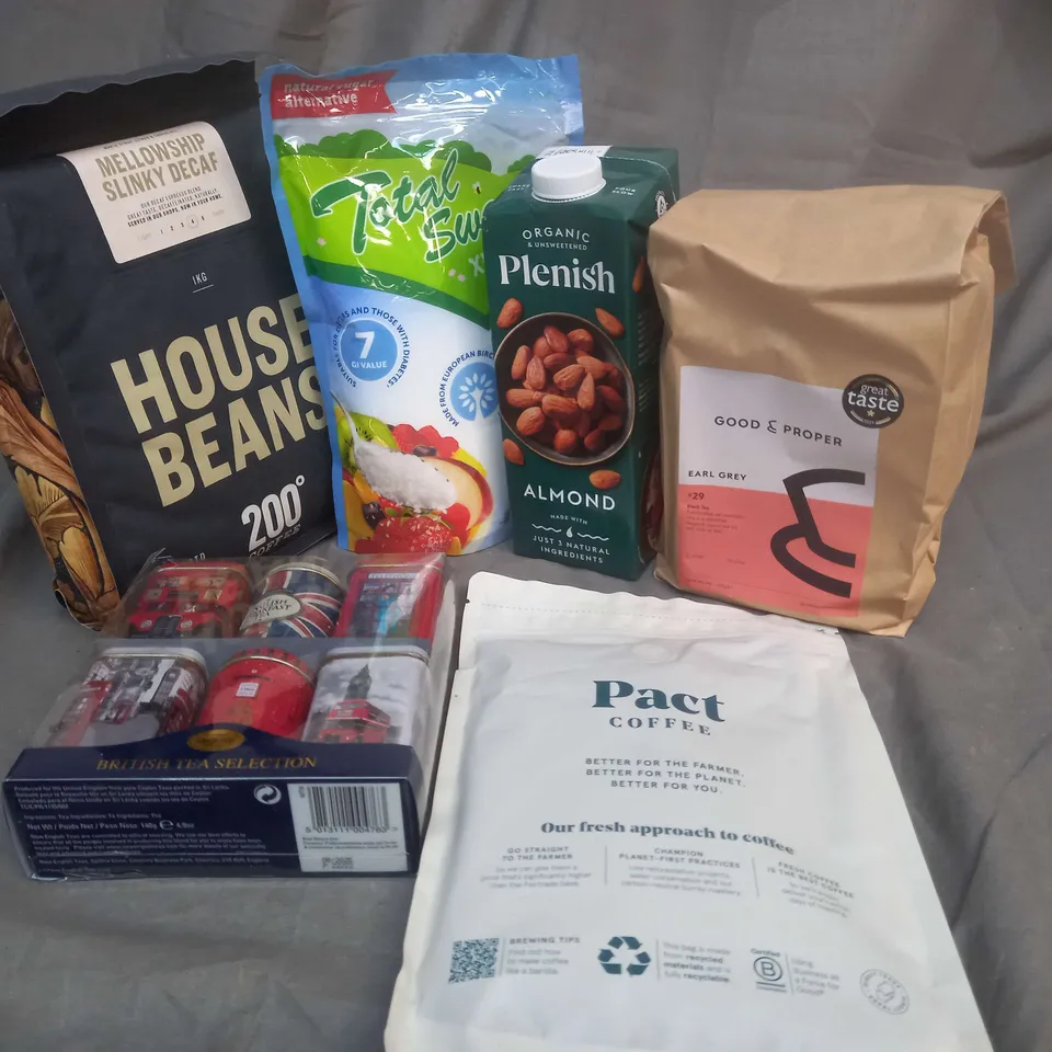 APPROXIMATELY 5 ASSORTED FOOD AND BEVERAGE PRODUCTS TO INCLUDE, 200* COFFEE, PLENISH ALMOND MILK, GOOD AND PROPPER EARL GREY, PACT COFFEE, BRITISH TEA COLLECTION