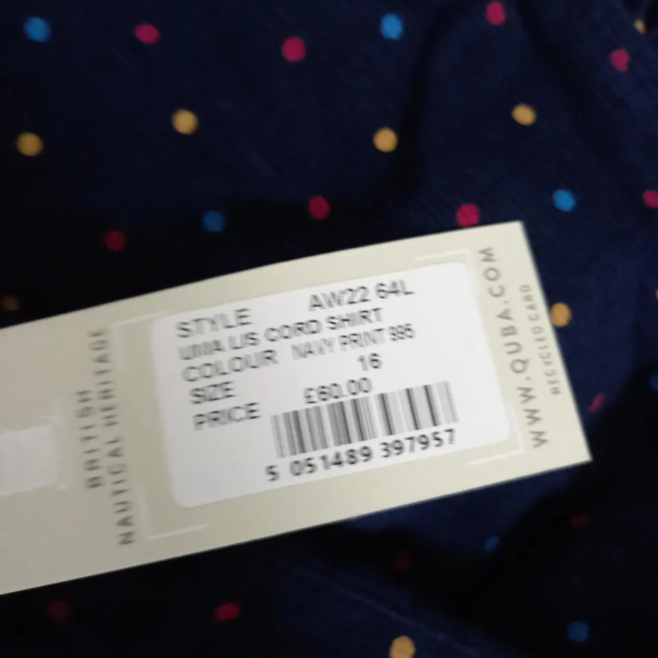 QUBA AND CO CORDED SHIRT SIZE 16