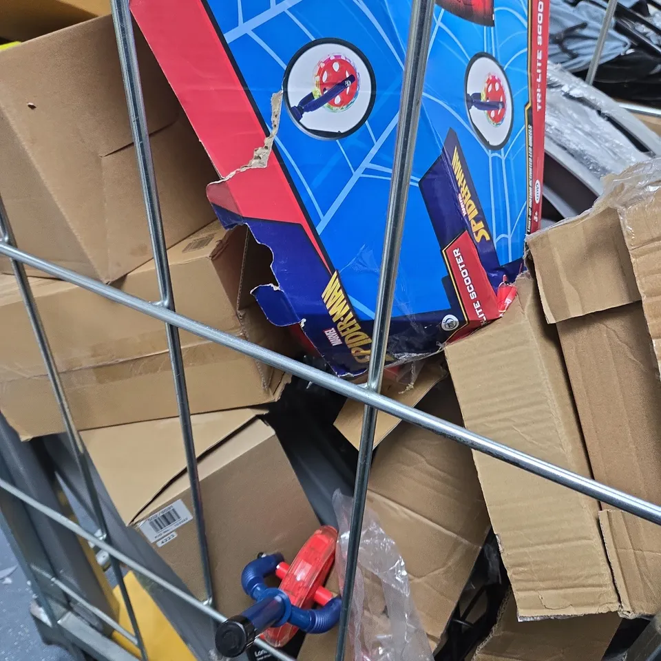 CAGE OF APPROXIMATELY 8 ASSORTED ITEMS TO INCLUDE -, MANGO WOOD TABLE LAMP , SPIDER MAN SCOOTER ETC - COLLECTION ONLY