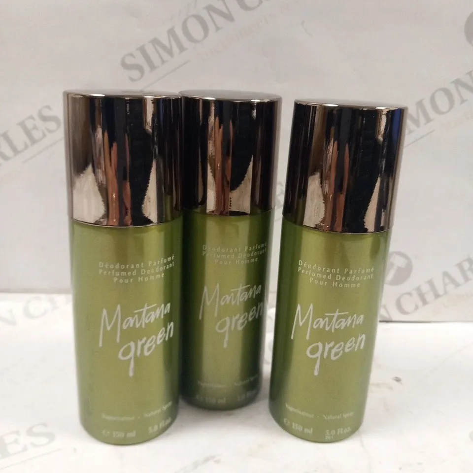 APPROXIMATELY 18 SETS OF 3 MANTANA GREEN PERFUMED DEODORANT POUR HOMME 150ML