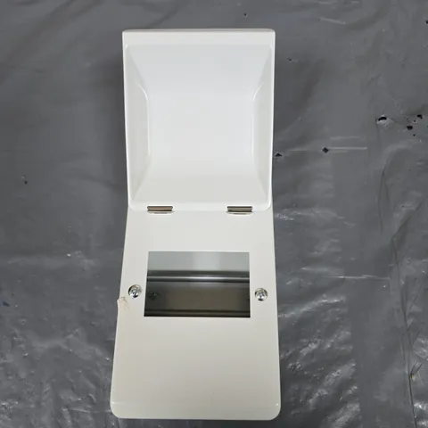 LOT OF 2 WHITE WALL-MOUNTED FUSE BOXES WITH HINGED LID AND FRONT SLOT 
