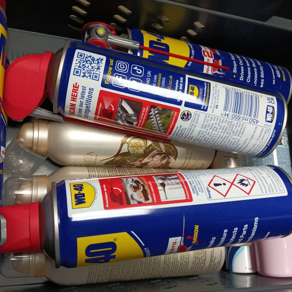 APPROXIMATELY 15 ASSORTED AEROSOLS TO INCLUDE WD-40 , CRAZY HAIR AND RITUALS