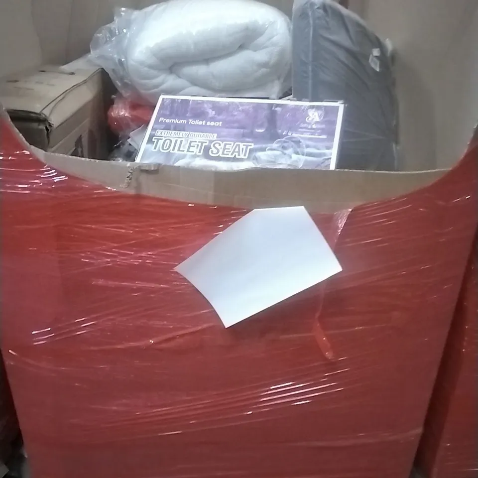 PALLET OF ASSORTED HOUSEHOLD GOODS AND PRODUCTS TO INCLUDE; KIDS BIKE, TOILET SEAT, BOXED FURNITURE ETC