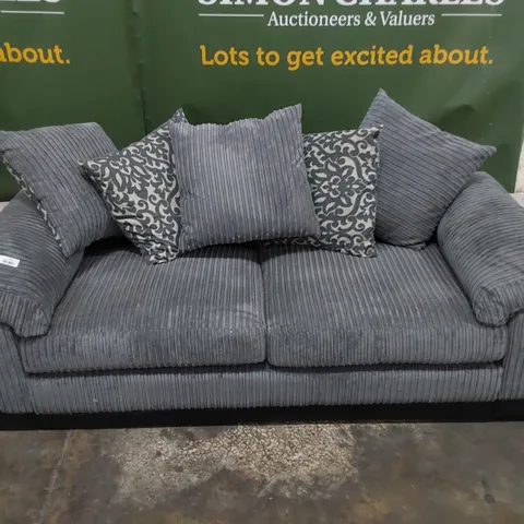 DESIGNER THREE SEATER SOFA WITH SCATTER CUSHIONS BLACK FAUX LEATHER & GREY JUMBO CHORD