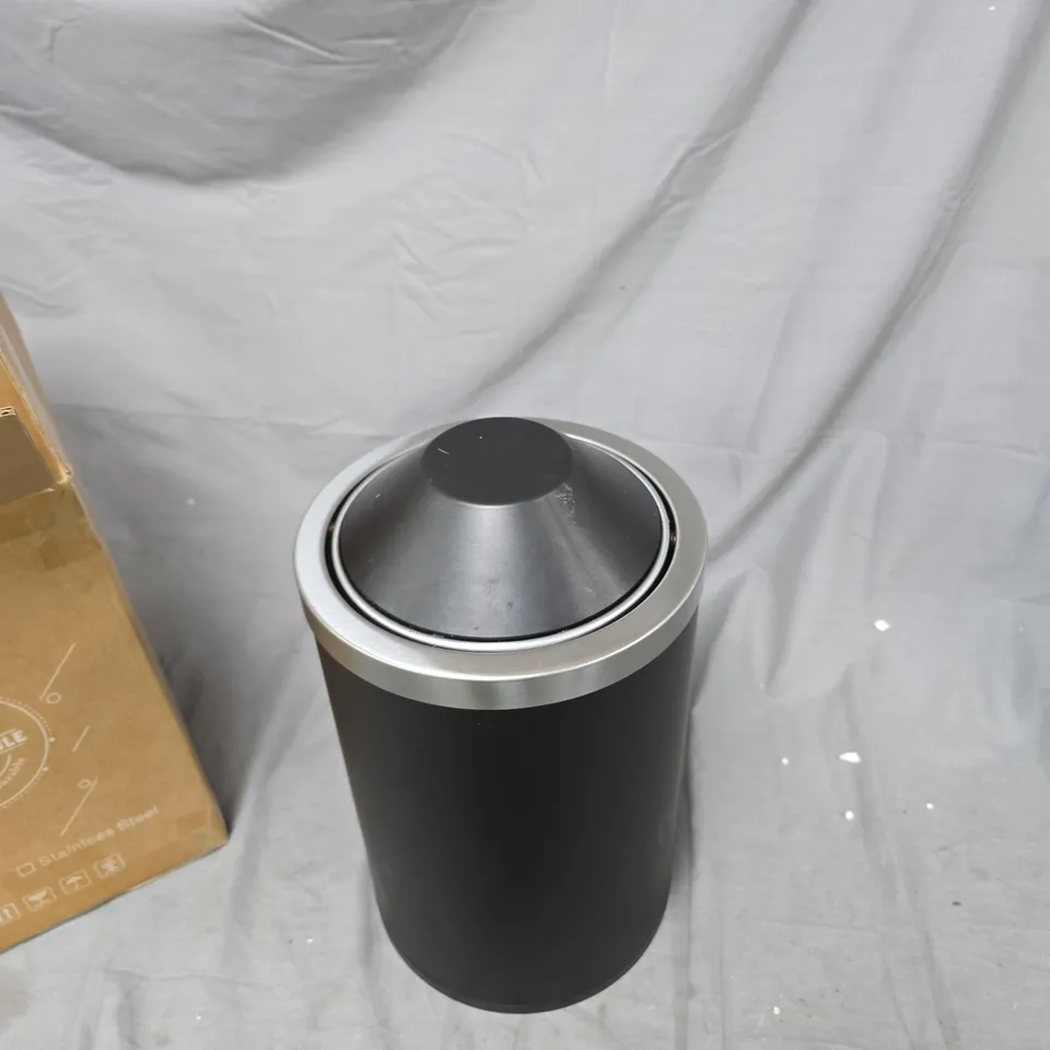 TALL CYLINDRICAL WASTE BIN WITH BLACK BODY AND BRUSHED STEEL LID