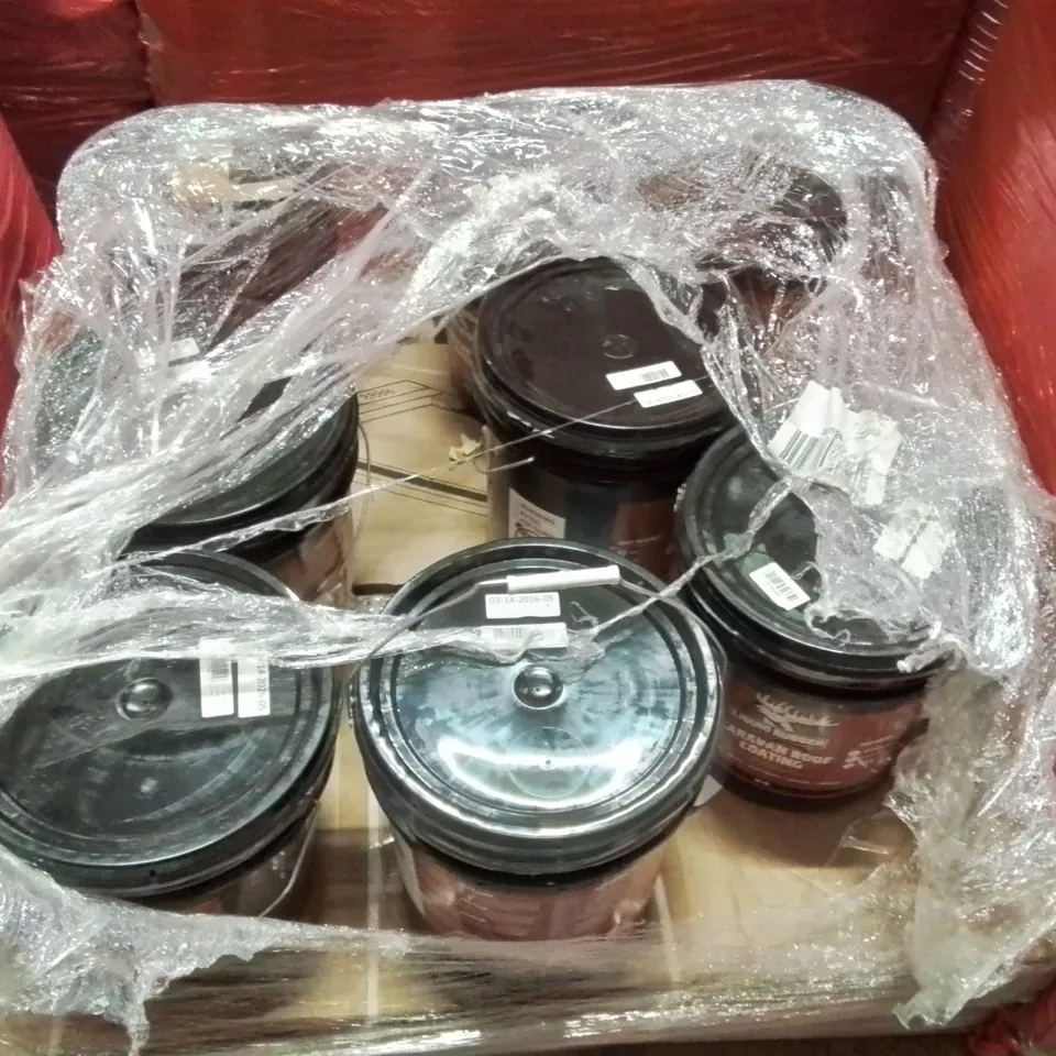 PALLET OF ASSORTED HOUSEHOLD GOODS AND PRODUCTS TO INCLUDE; TREADMILL AND MULTIPLE LIQUID RUBBER CARAVAN ROOF COATING