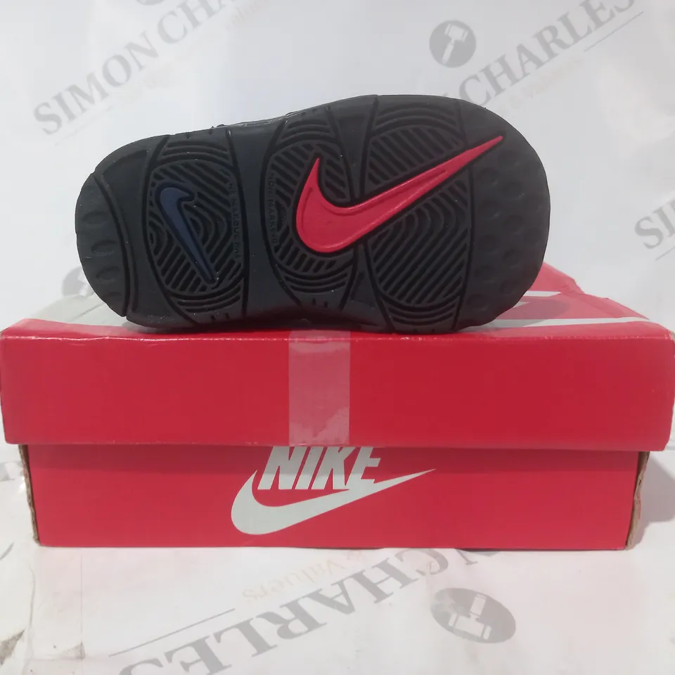 BOXED PAIR OF NIKE AIR MORE UPTEMPTO INFANT SHOES IN BLACK/RED UK SIZE 4.5